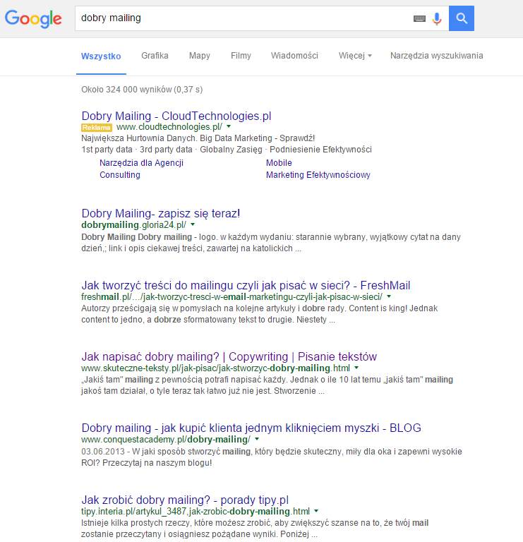 Dobry mailing - pierwsza strona w Google