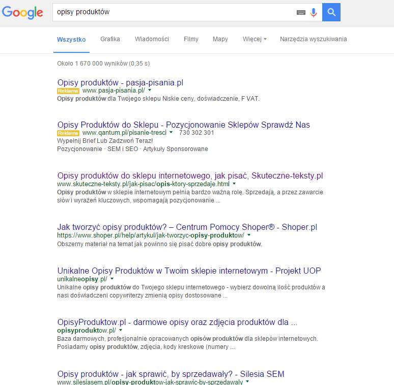 Opisy produktow do sklepu internetowego - pierwsza strona w Google